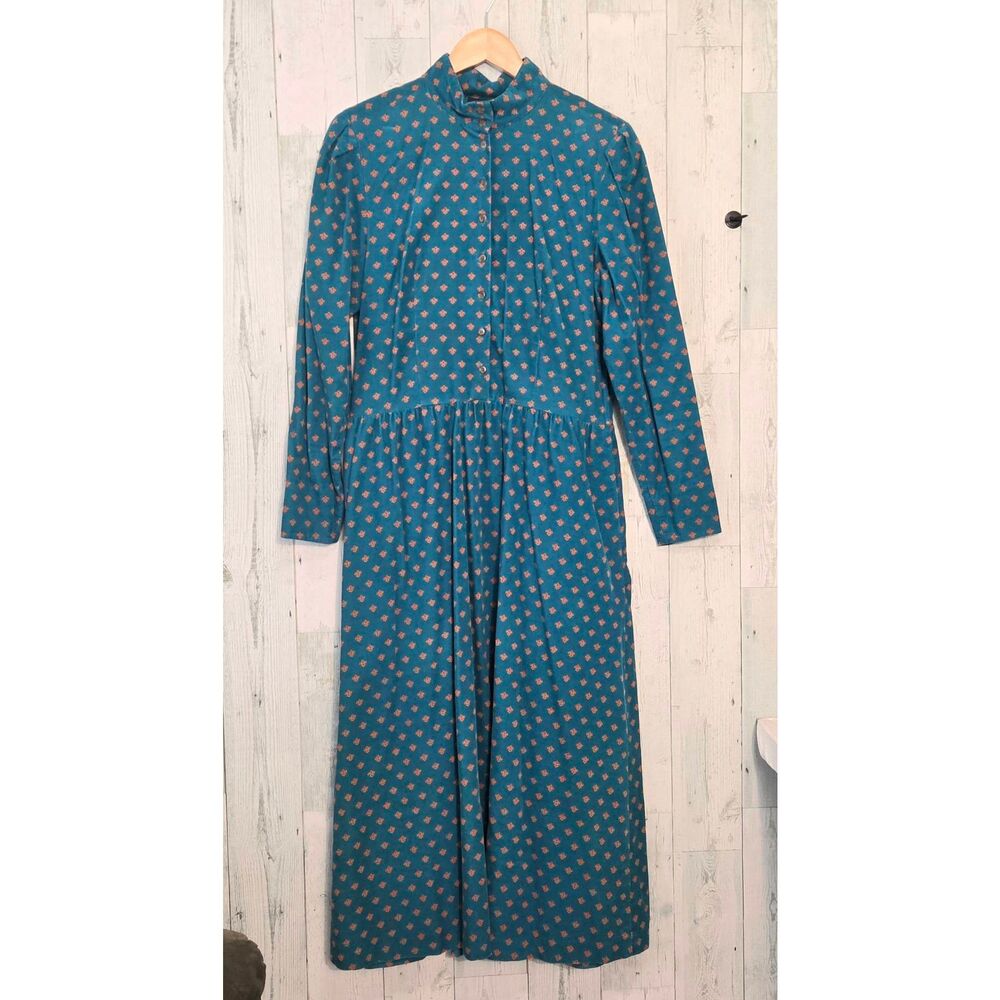 VTG 80S 90S Allen Lolly Teal Corduroy Shirt Dress Sz. M EST